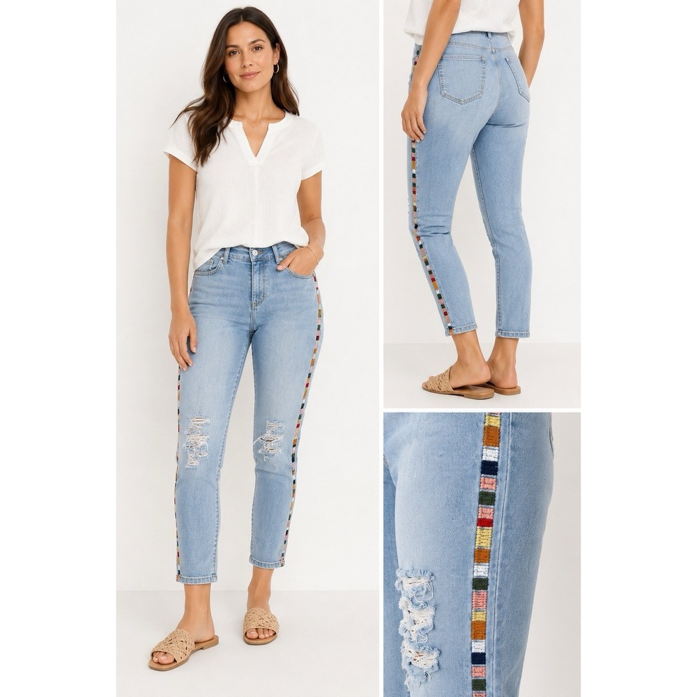 Knox Rose Women's Sz 16 Light Wash Distressed Jeans Embroidered Side Boho Skinny